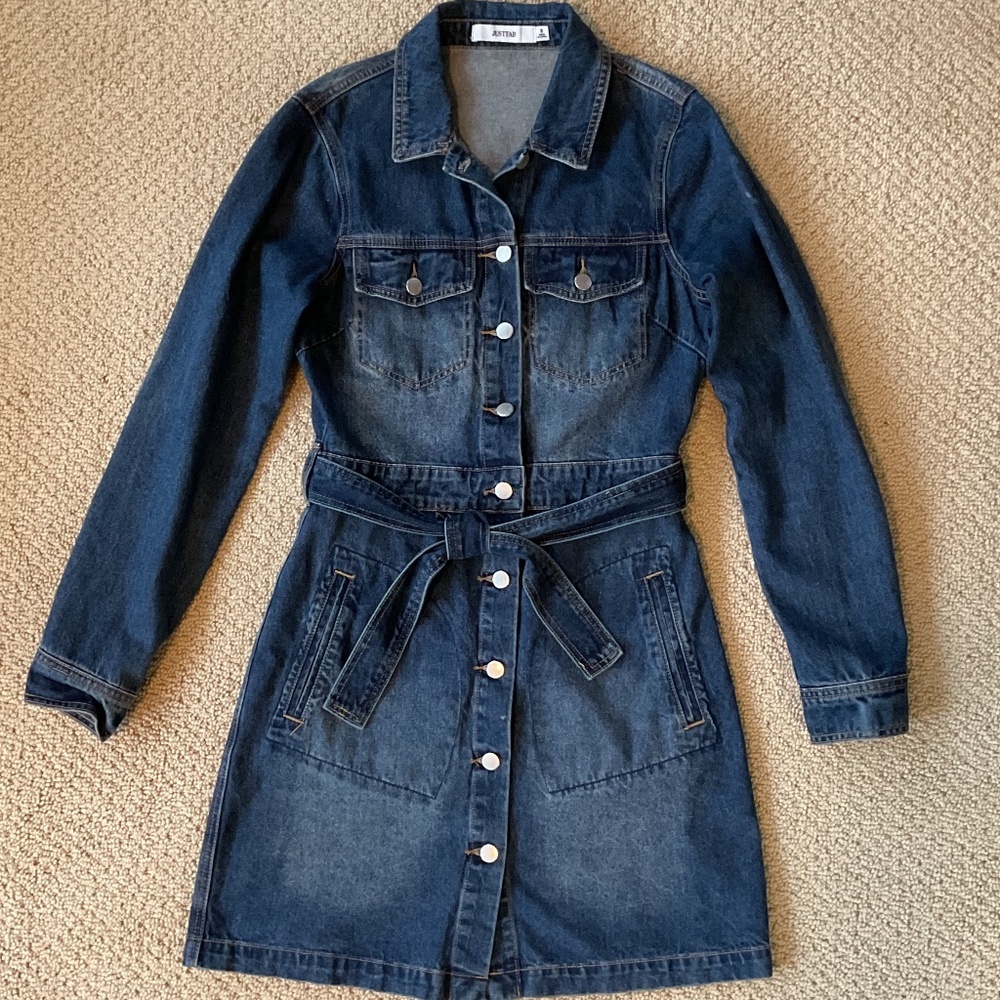 JustFab Long Sleeve Button Front Denim Dress Size Small - Picture 1 of 9